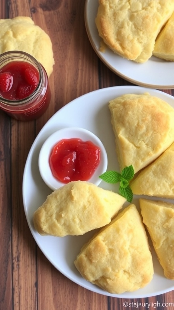 Fluffy Yogurt Scones Recipe Golden brown yogurt scones on a plate with butter and jam, set on a rustic wooden table.